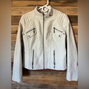 Jou Jou Off-White Faux Leather Jacket with Zipper Details